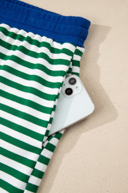 Green Stripe Boxy Tee Drawstring Elastic Waist Plus Size Short Set