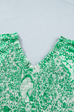 Green Flirty Floral Smocked V Neck Blouse