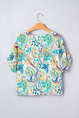 Green Boho Paisley Floral Printed Puff Sleeve Blouse