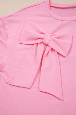 Pink Solid Color Raw Edge Bow Patch Loose T Shirt