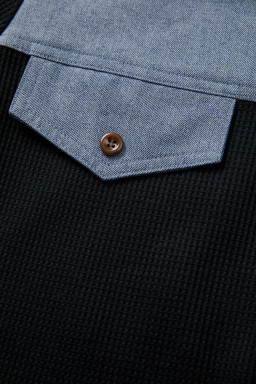 Black Waffle Knit Denim Color Block Patchwork Button Flap Polo Top