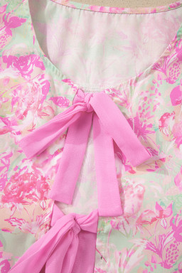 Pink Ribbon Knot Front Floral Short Puff Sleeve Blouse