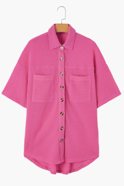 Bright Pink Waffle Textured Knit Button Down Short Sleeve Shacket