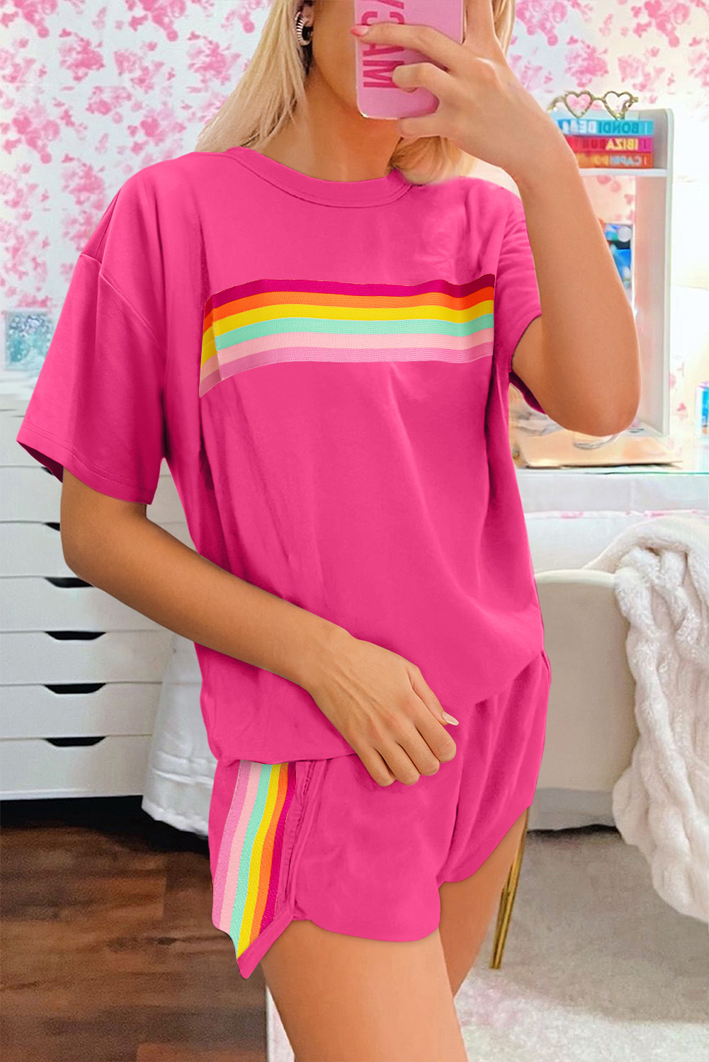 Rose Red Vibrant Striped Detail Athleisure 2pcs Short Set