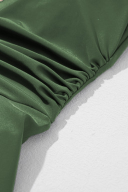 Mist Green Ruffled Short Sleeve Lace Trim V Neck One Piece Swim Dress