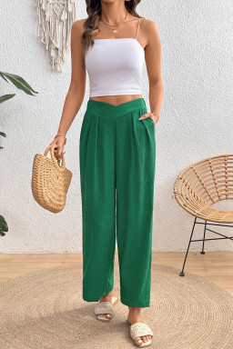 Evergreen Solid Color Textured Crossed Waist Loose Pants