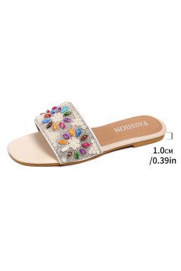 White Rhinestone Pearl Decoration Square Head Beach Slippers