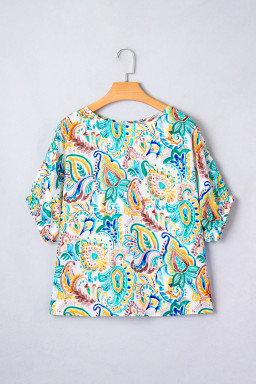 Green Boho Paisley Floral Printed Puff Sleeve Blouse