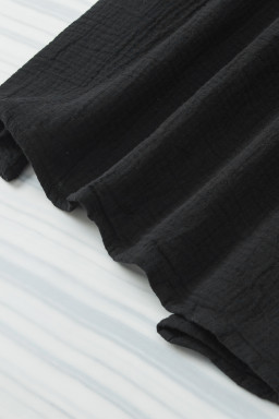 Black Crinkled Cotton Gauze Ruffle Sleeve Blouse