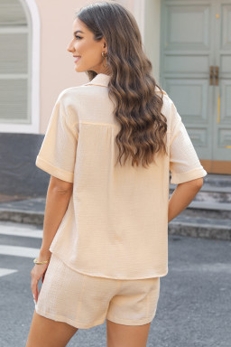 Parchment Crinkle Textured Polo Shirt and High Waist Shorts Set