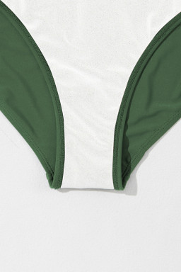 Mist Green Ruffled Short Sleeve Lace Trim V Neck One Piece Swim Dress