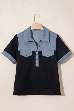 Black Waffle Knit Denim Color Block Patchwork Button Flap Polo Top