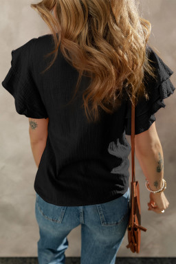 Black Crinkled Cotton Gauze Ruffle Sleeve Blouse
