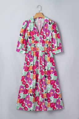 Rose Vibrant Floral Print V Neck Zip Up Puffy Half Sleeve Dress