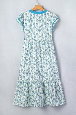 Sky Blue Cute Sunflower Printed Striped Patchwork Trim Flutter Sleeve Long Dress