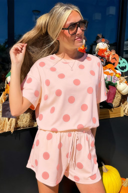 Pink Polka Dot Print Loose Tee Drawstring Elastic Waist Short Set
