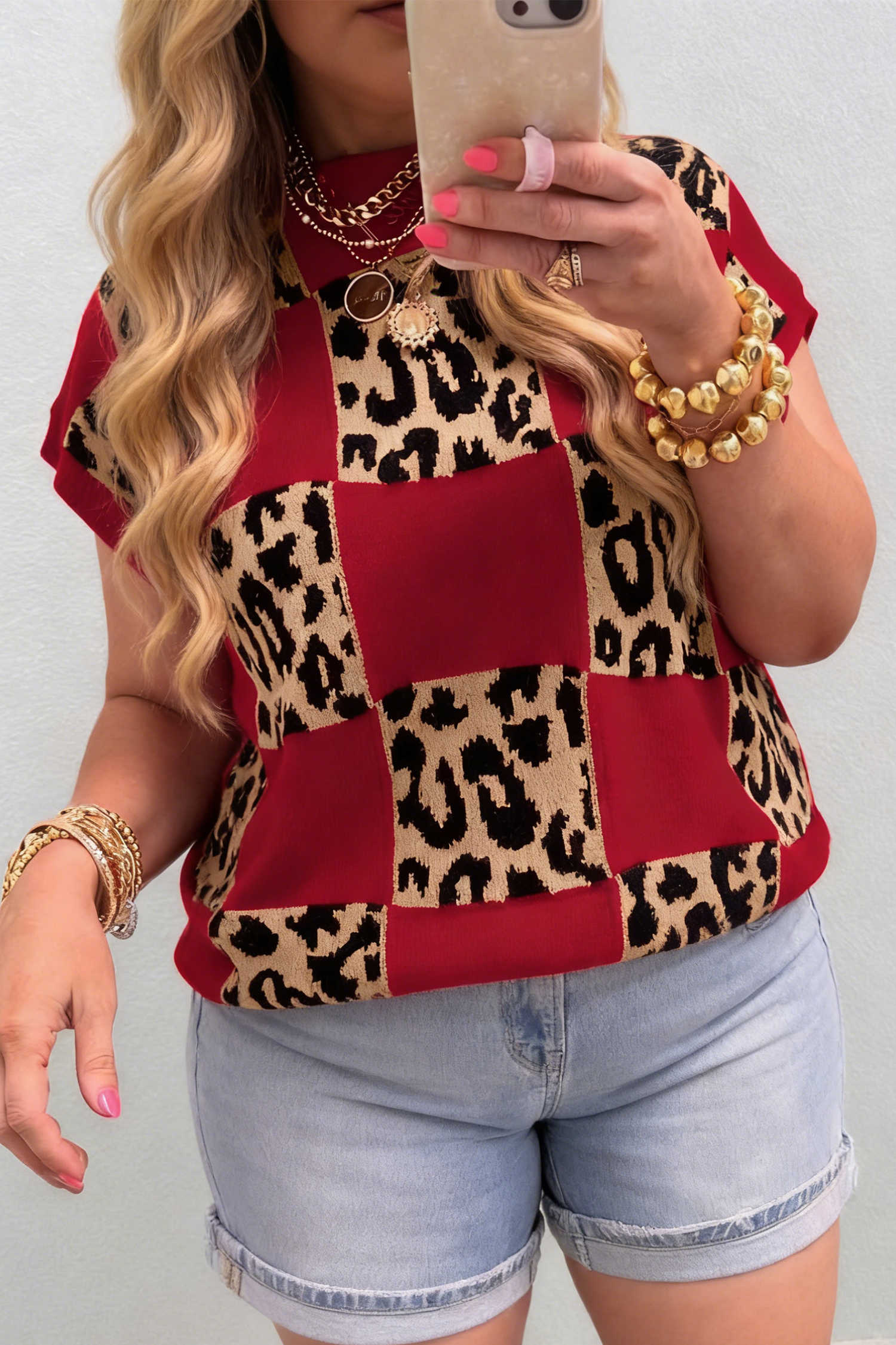 Red Plus Size Leopard Contrasted Checkered Short Sleeve Sweater