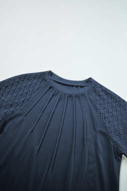 Navy Blue Seamed Detail Contrast Lace Raglan Sleeve Tee