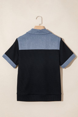 Black Waffle Knit Denim Color Block Patchwork Button Flap Polo Top