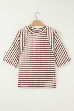 Brown Stripe Textured Knit Split Hem Half Sleeve Loose Top