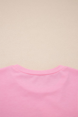 Pink Solid Color Raw Edge Bow Patch Loose T Shirt