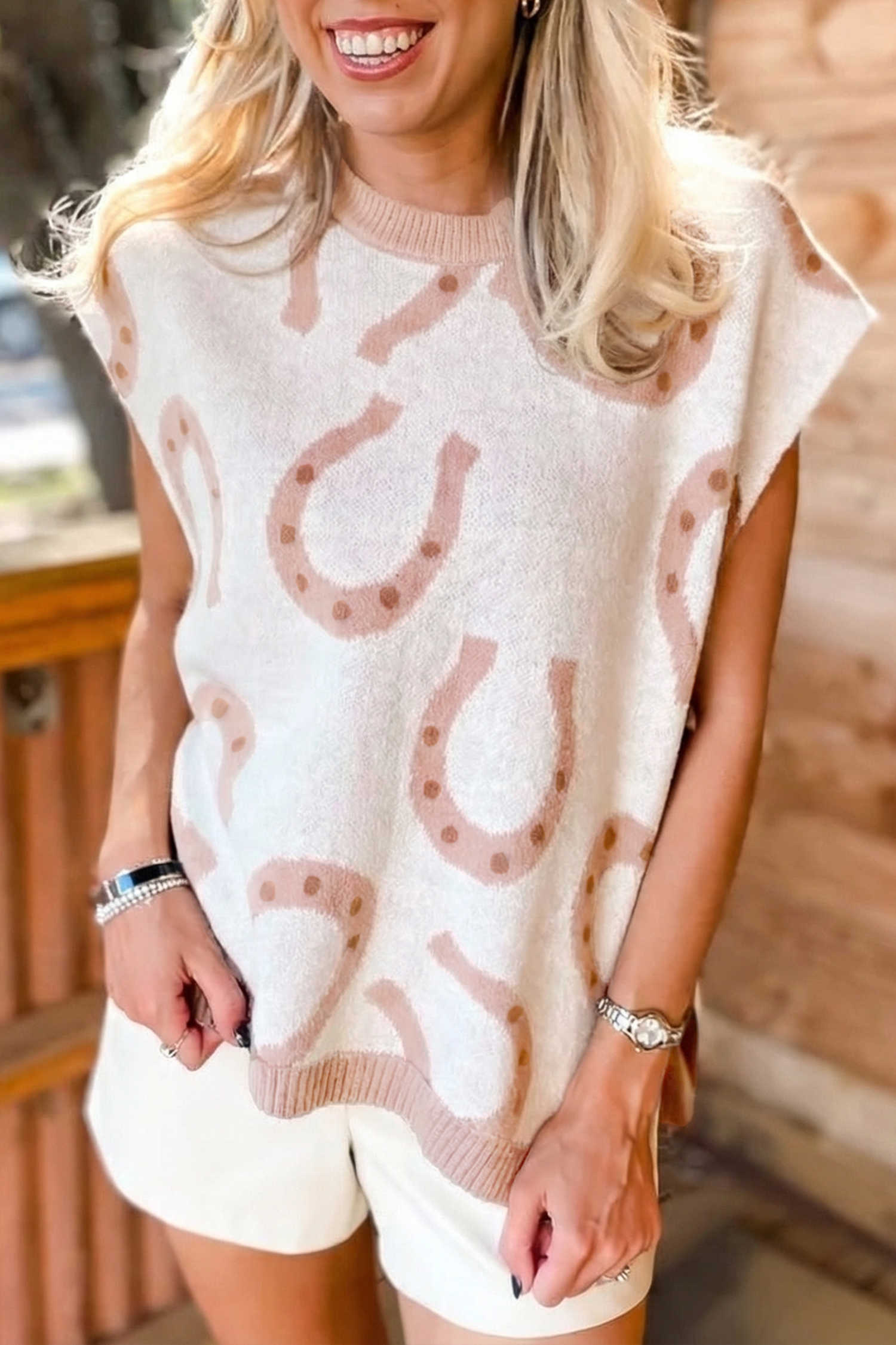 Beige Horse Shoe Western Print Tied Side Cap Sleeve Knitted T Shirt