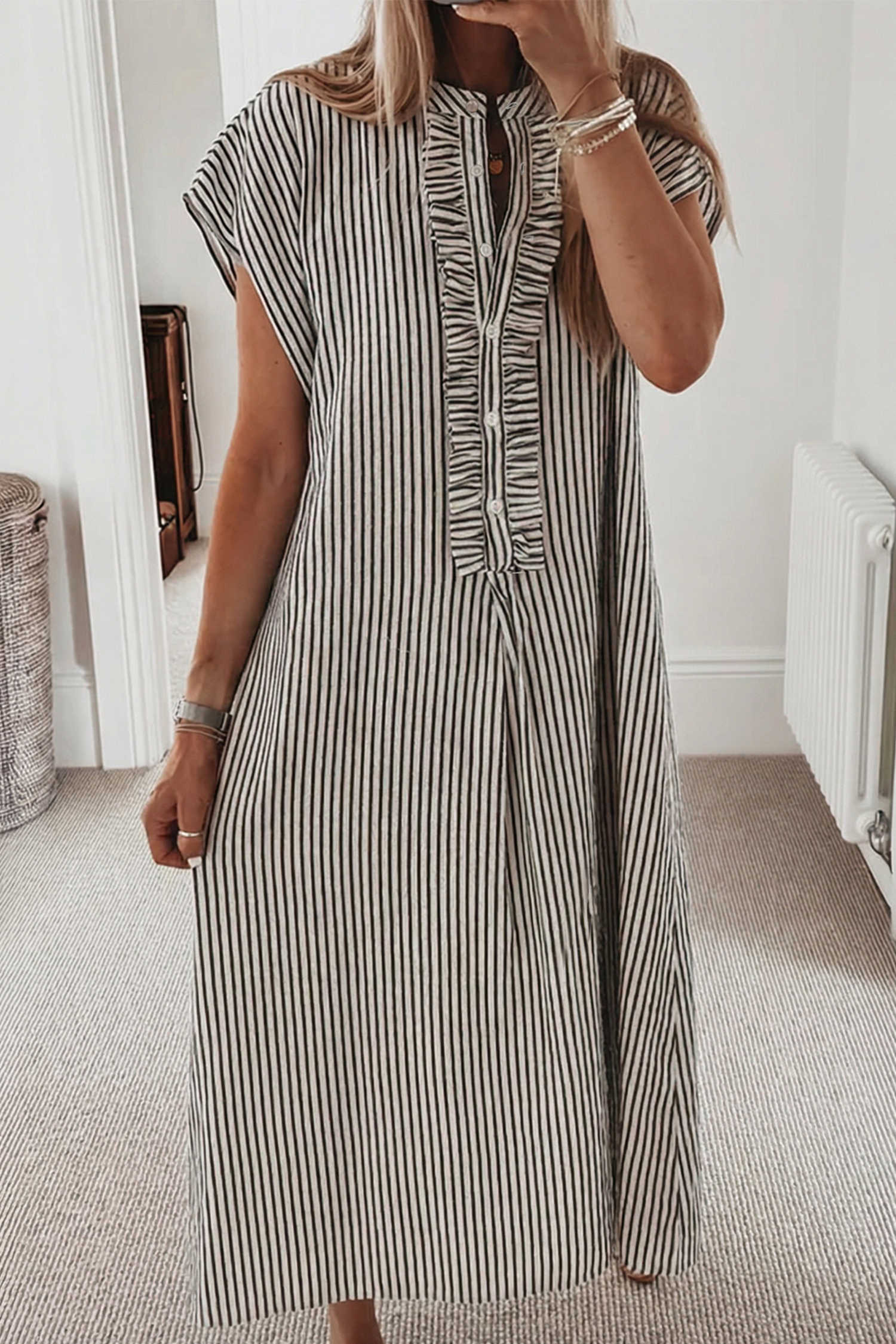 Black Stripe Frilled Detail Half Buttons Short Sleeve Long Dress