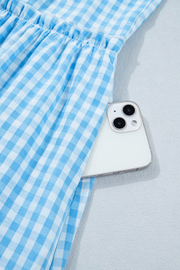Sky Blue Knot Back Ruffled Short Sleeve Gingham Maxi Dress