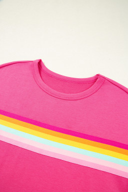 Rose Red Vibrant Striped Detail Athleisure 2pcs Short Set