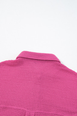 Bright Pink Waffle Textured Knit Button Down Short Sleeve Shacket