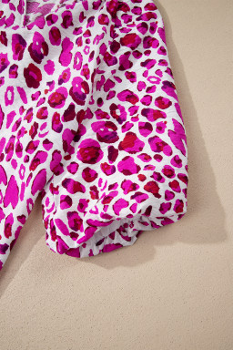 Rose Leopard Print V Neck Puffy Half Sleeve Blouse