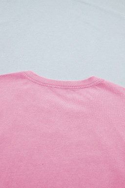 Pink Raw Cut Notched Neck Lace Patchwork Detail Mineral Wash Tee