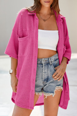 Bright Pink Waffle Textured Knit Button Down Short Sleeve Shacket