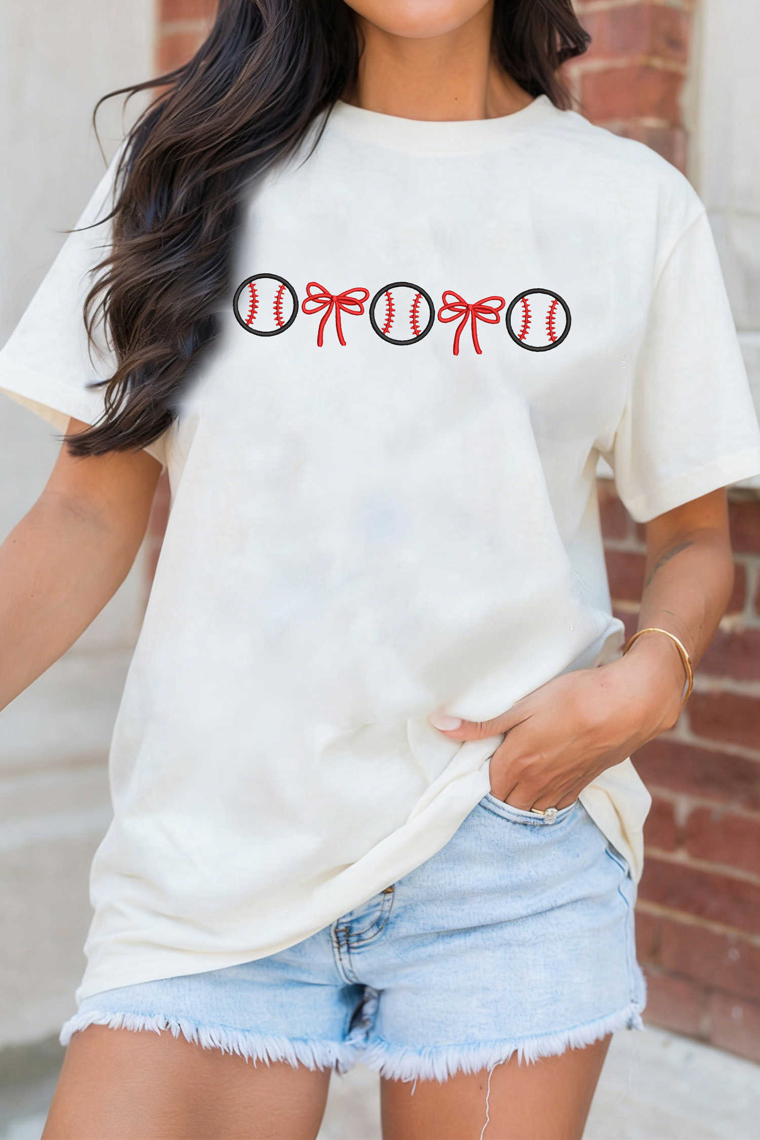 White Baseball Bow Embroidered Graphic Tee