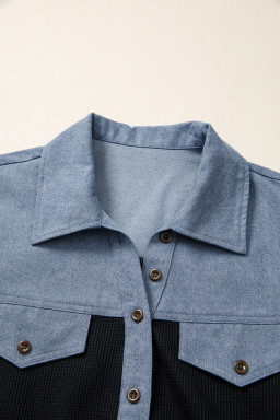 Black Waffle Knit Denim Color Block Patchwork Button Flap Polo Top