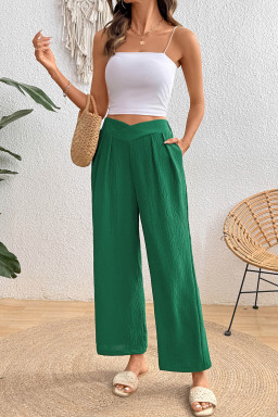 Evergreen Solid Color Textured Crossed Waist Loose Pants