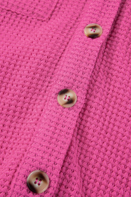 Bright Pink Waffle Textured Knit Button Down Short Sleeve Shacket