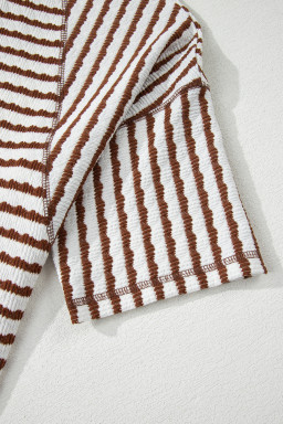 Brown Stripe Textured Knit Split Hem Half Sleeve Loose Top