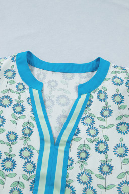 Sky Blue Cute Sunflower Printed Striped Patchwork Trim Flutter Sleeve Long Dress