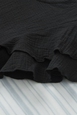 Black Crinkled Cotton Gauze Ruffle Sleeve Blouse