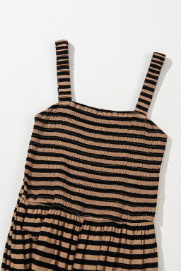 Brown Stripe Square Neck Shirred Wide Leg Jumpsuit