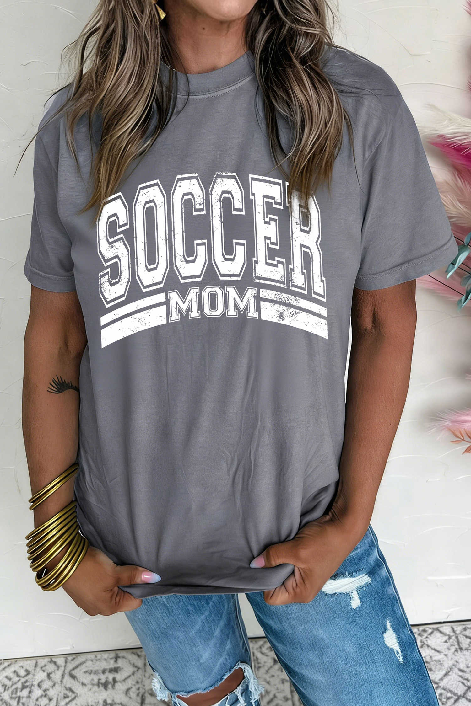 Gray SOCCER MOM Retro Varsity T Shirt
