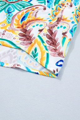 Green Boho Paisley Floral Printed Puff Sleeve Blouse