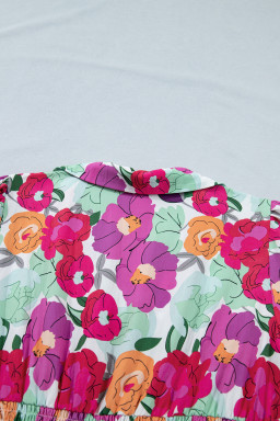 Rose Vibrant Floral Print V Neck Zip Up Puffy Half Sleeve Dress