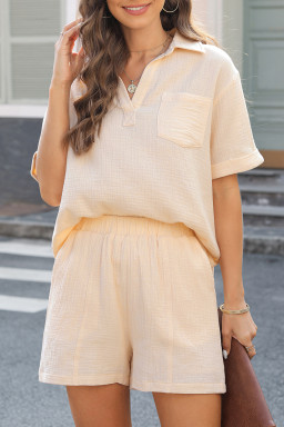 Parchment Crinkle Textured Polo Shirt and High Waist Shorts Set