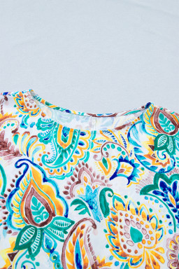 Green Boho Paisley Floral Printed Puff Sleeve Blouse