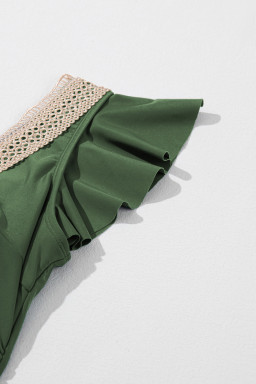 Mist Green Ruffled Short Sleeve Lace Trim V Neck One Piece Swim Dress