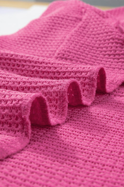 Bright Pink Waffle Textured Knit Button Down Short Sleeve Shacket