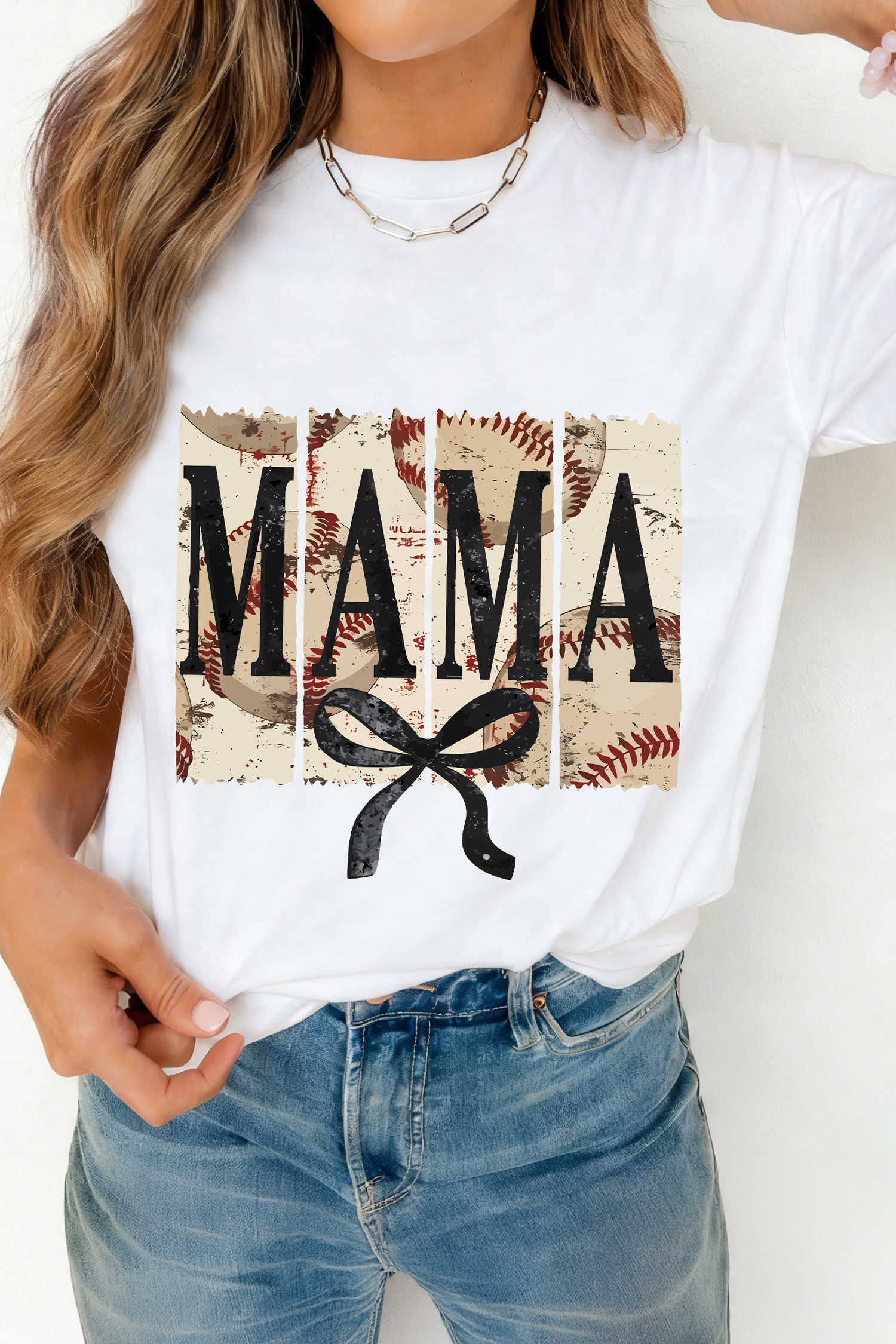 White MAMA Bow Retro Baseball Printed Tee