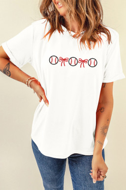 White Baseball Bow Embroidered Graphic Tee